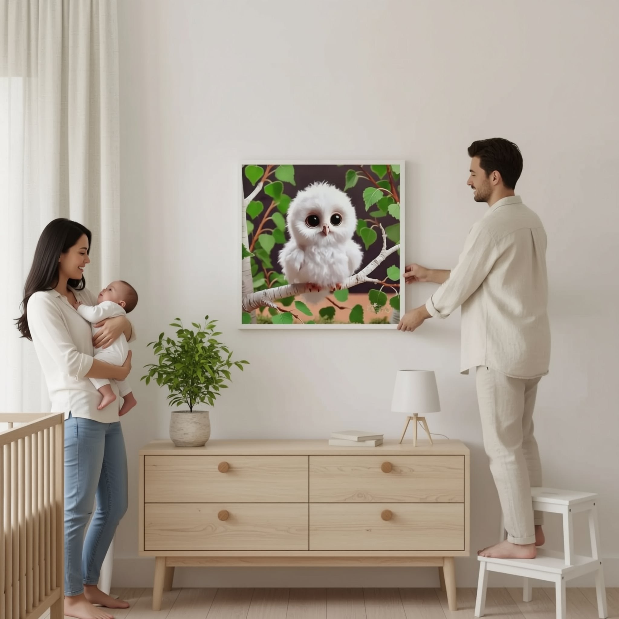 A family of three is hanging a framed picture of a white owl on the wall in a cozy living room.