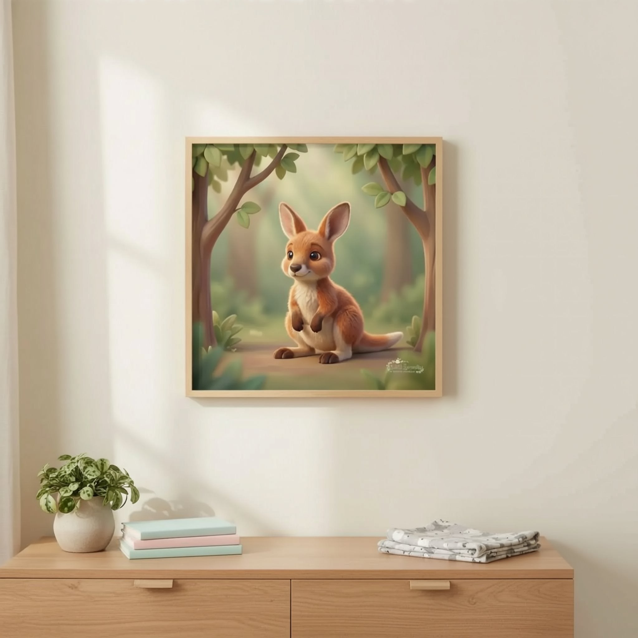 A man is hanging a framed picture of a kangaroo on a wall in a room with a wooden dresser and a plant.