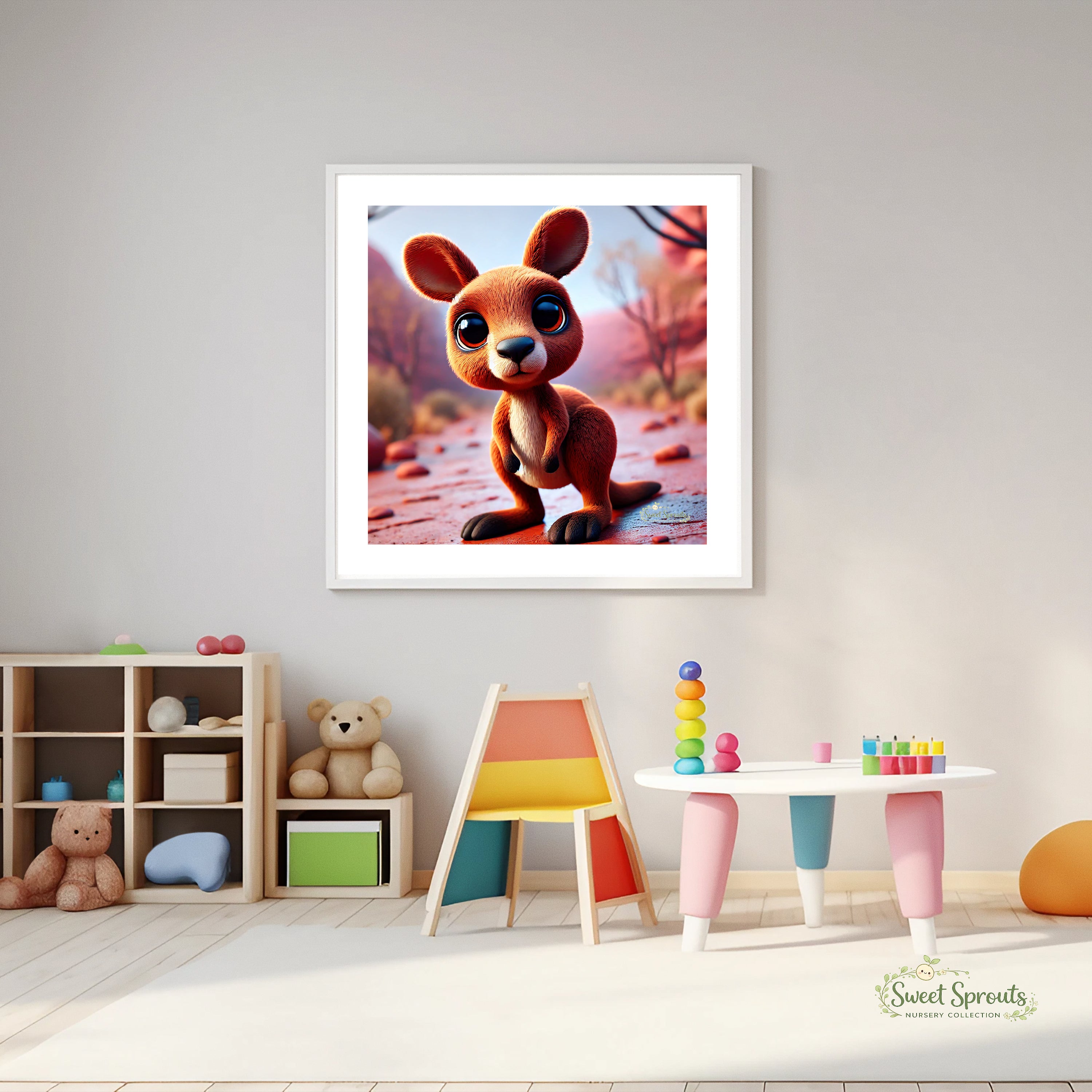 a child's playroom with a framed image of a kangaroo on the wall, a colorful toy shelf, a toy chair, and a toy table with various toys.