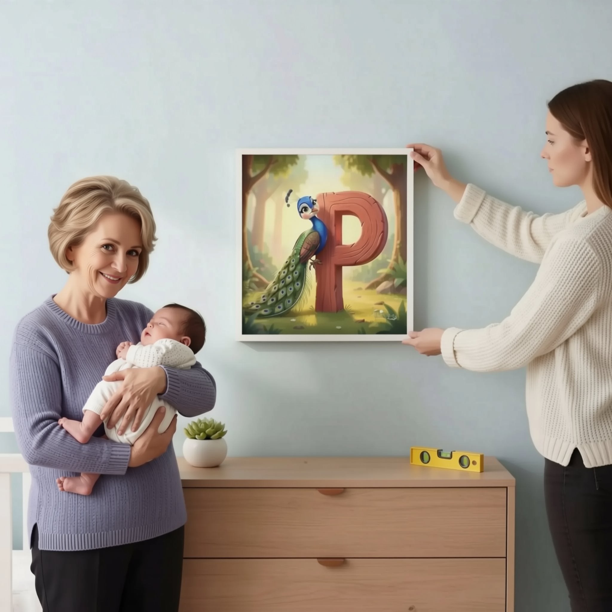 A woman hangs a framed artwork featuring a peacock on a wall in a room with a wooden dresser, a potted plant, and a yellow measuring tape.