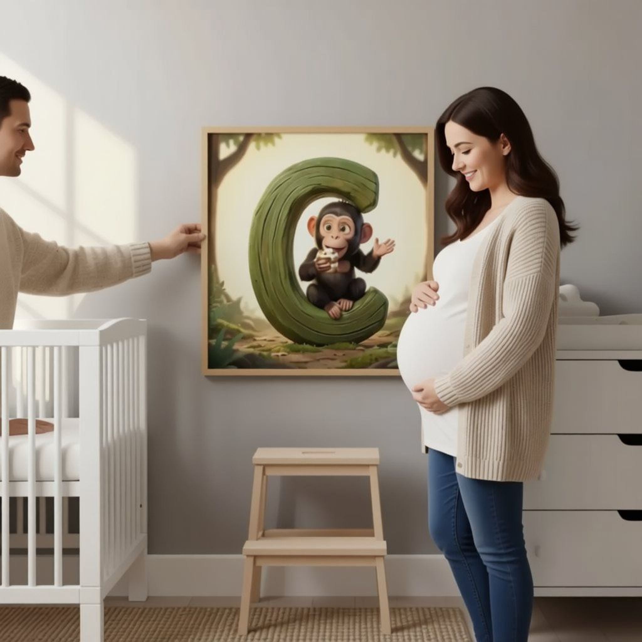 A pregnant woman stands in a nursery, smiling at a painting of a monkey on the wall. A man is standing next to her, reaching out to touch the painting.