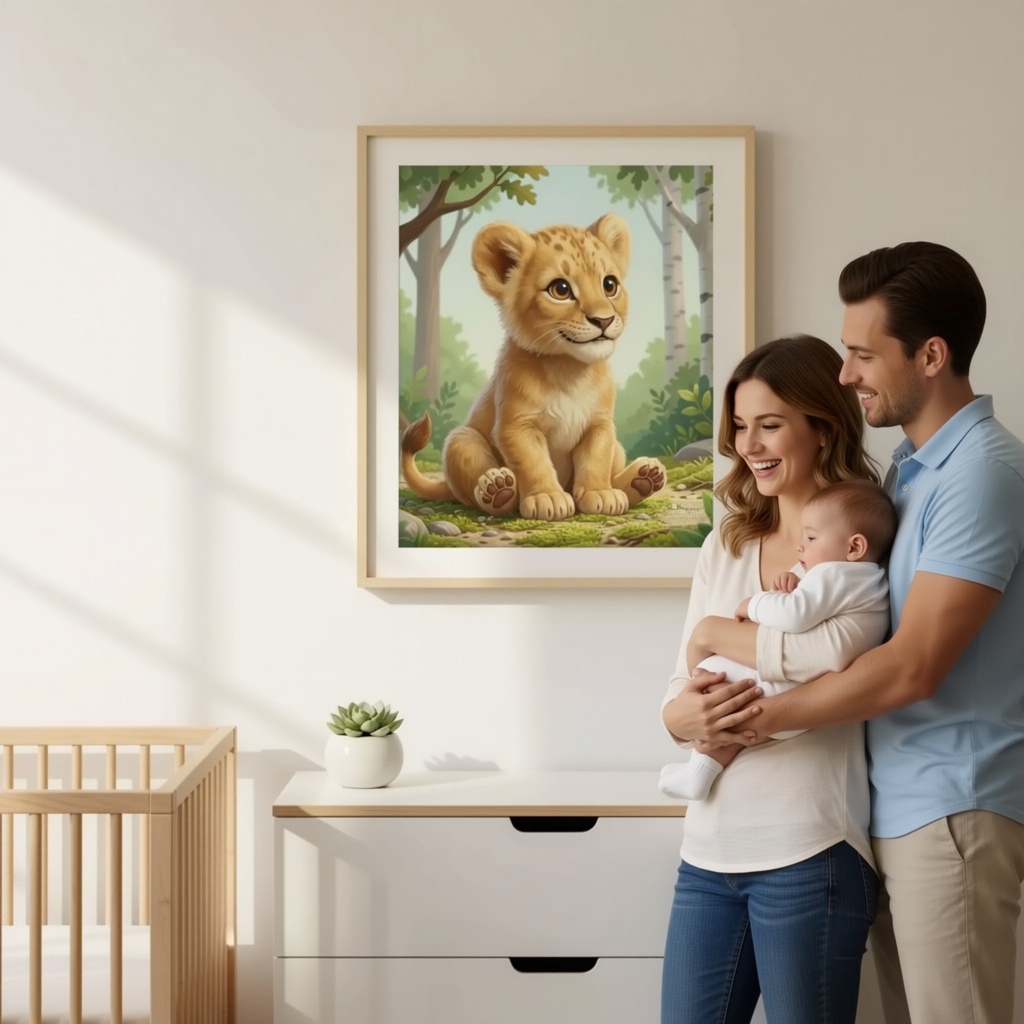 A man is hanging a framed painting of a young lion cub on a wall in a room with a crib and a small plant.