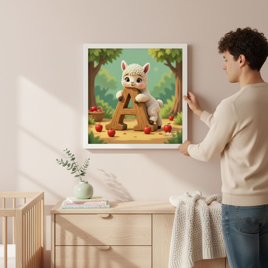 A man is hanging a framed illustration of a cartoon lamb on a wall in a room with a wooden dresser, a vase of greenery, and a sweater on a chair.