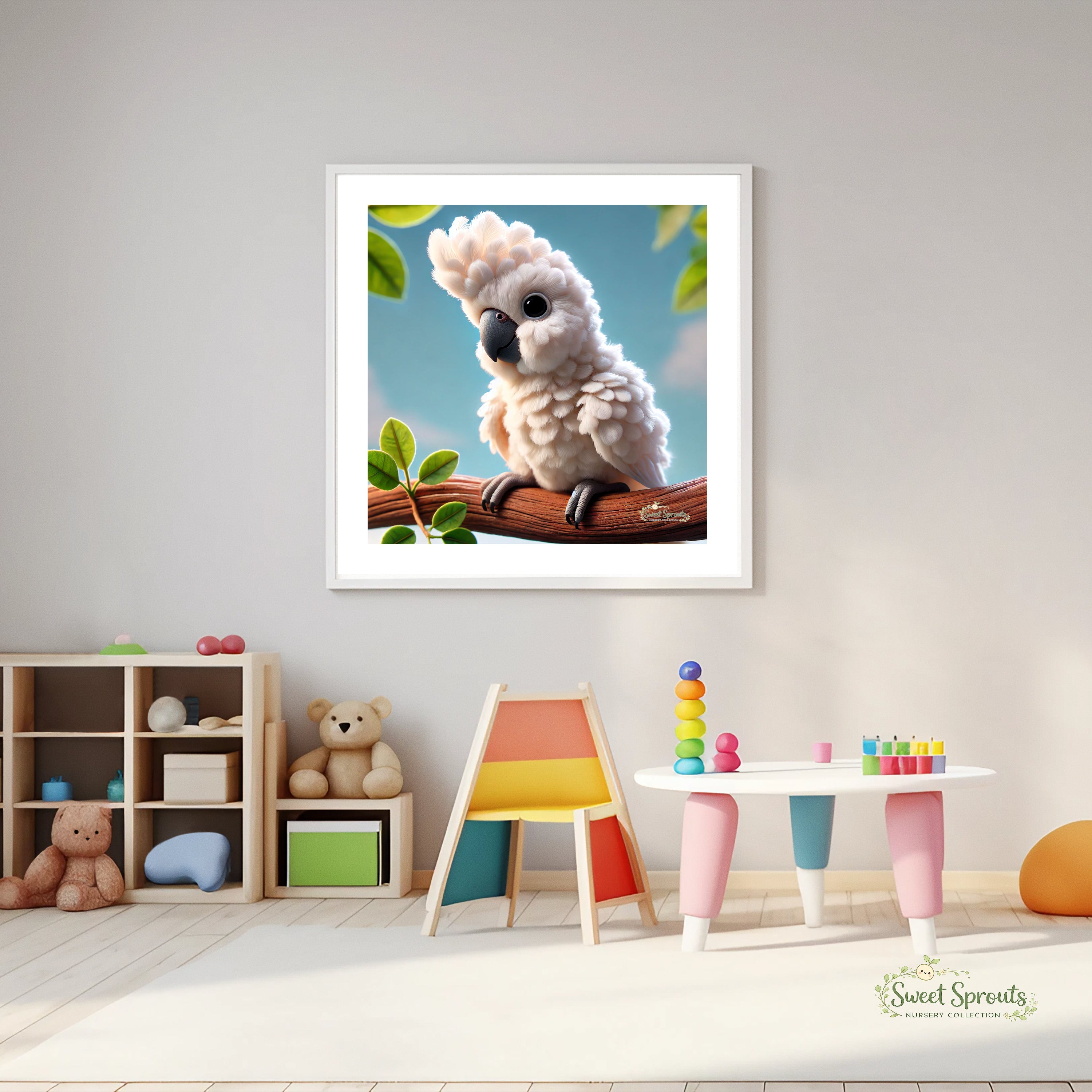 A framed image of a fluffy white bird perched on a branch is displayed on a white wall in a child's playroom.