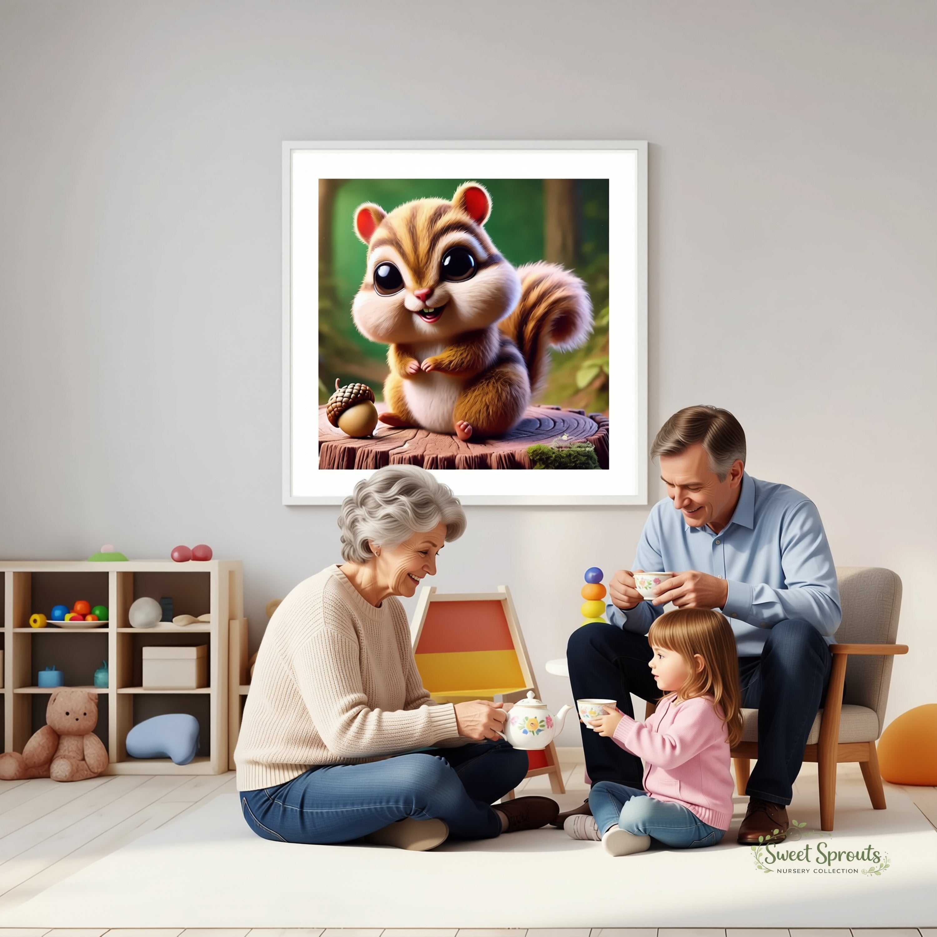 A framed image of a cartoon squirrel sitting on a tree stump, surrounded by a colorful play area with toys and a chair.