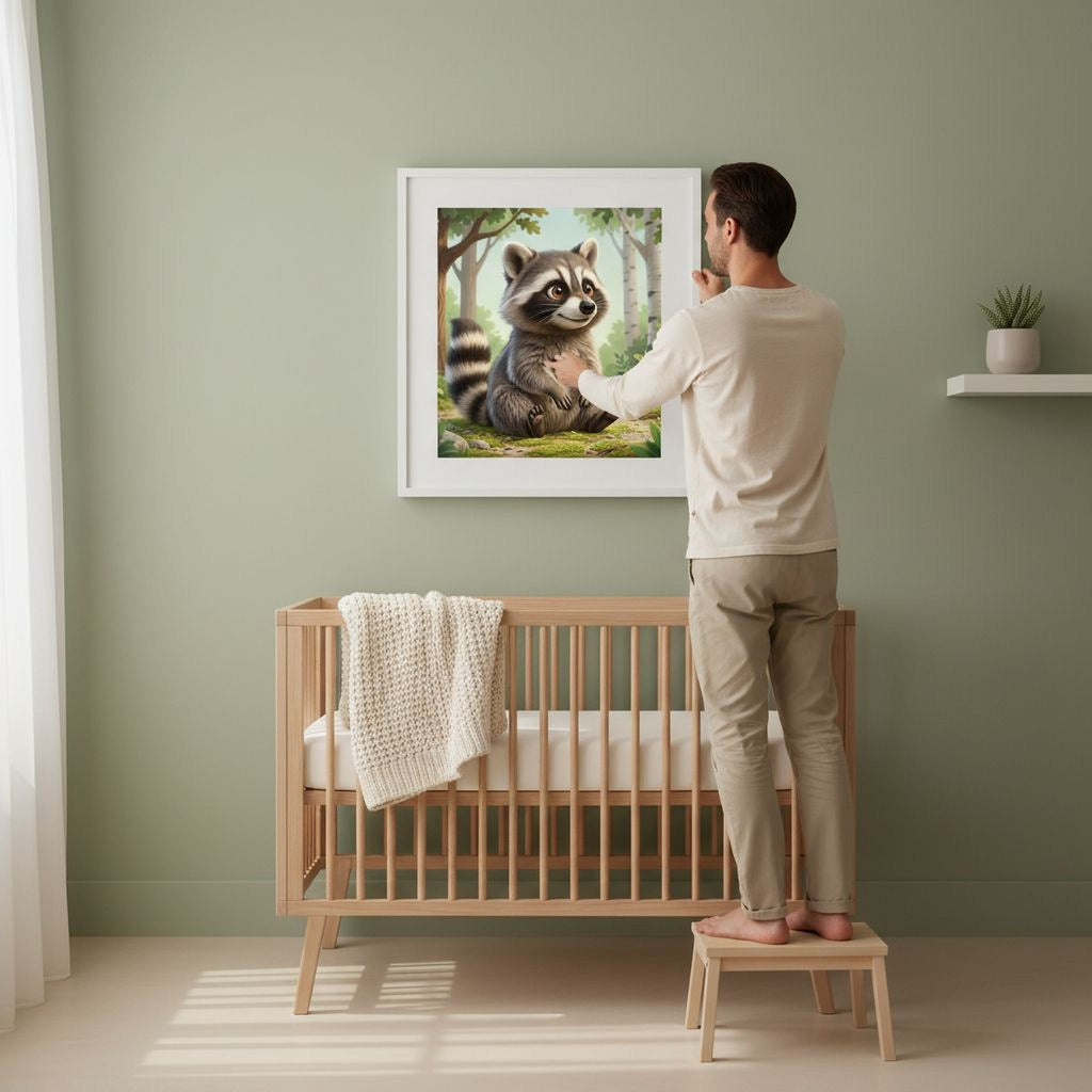 A man is standing in a nursery, hanging a framed picture of a raccoon on the wall above a wooden crib.