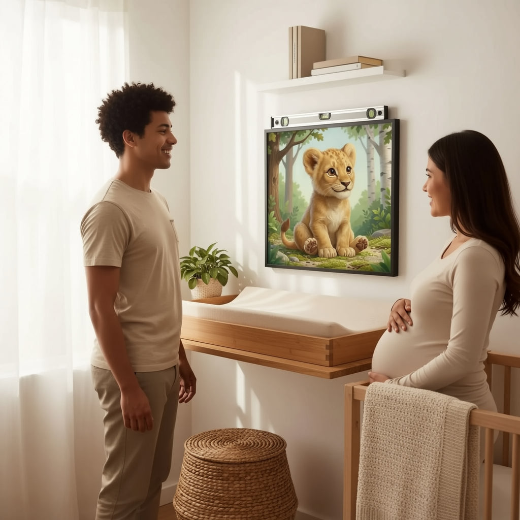 A man is hanging a framed picture of a lion cub on a wall in a nursery.