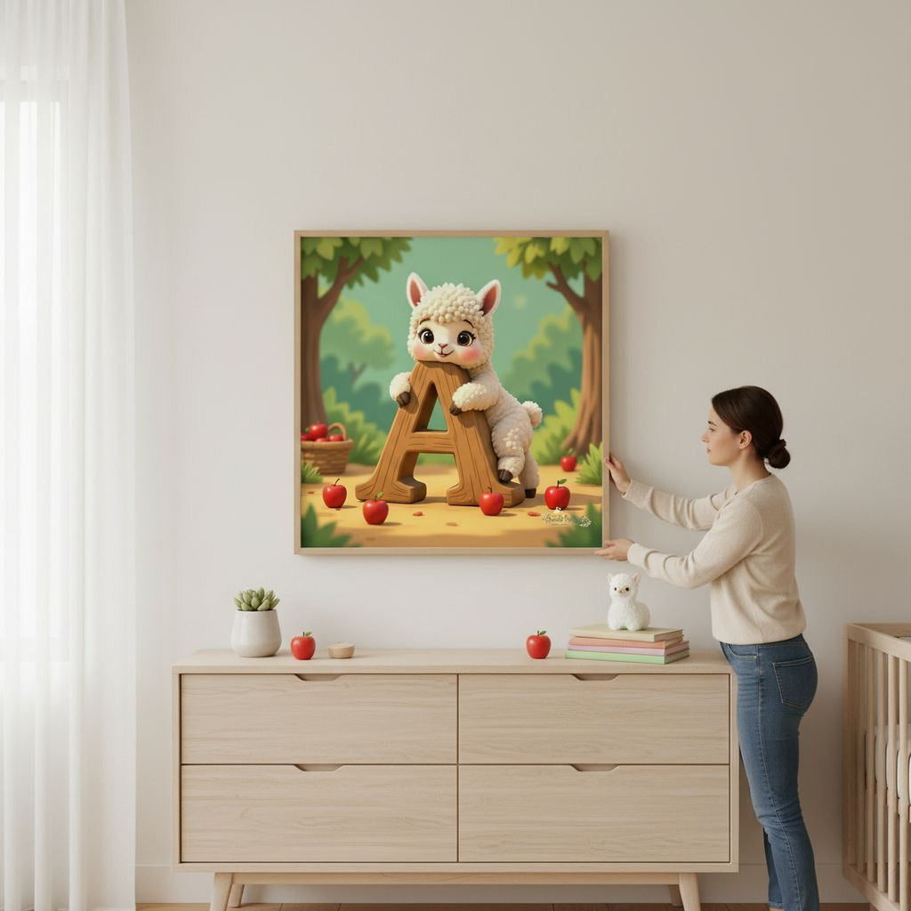 A woman is standing in front of a wooden dresser, which has a framed picture of a cartoon character holding a wooden letter 'A' on it. The dresser also has some apples and a small stuffed animal on it.