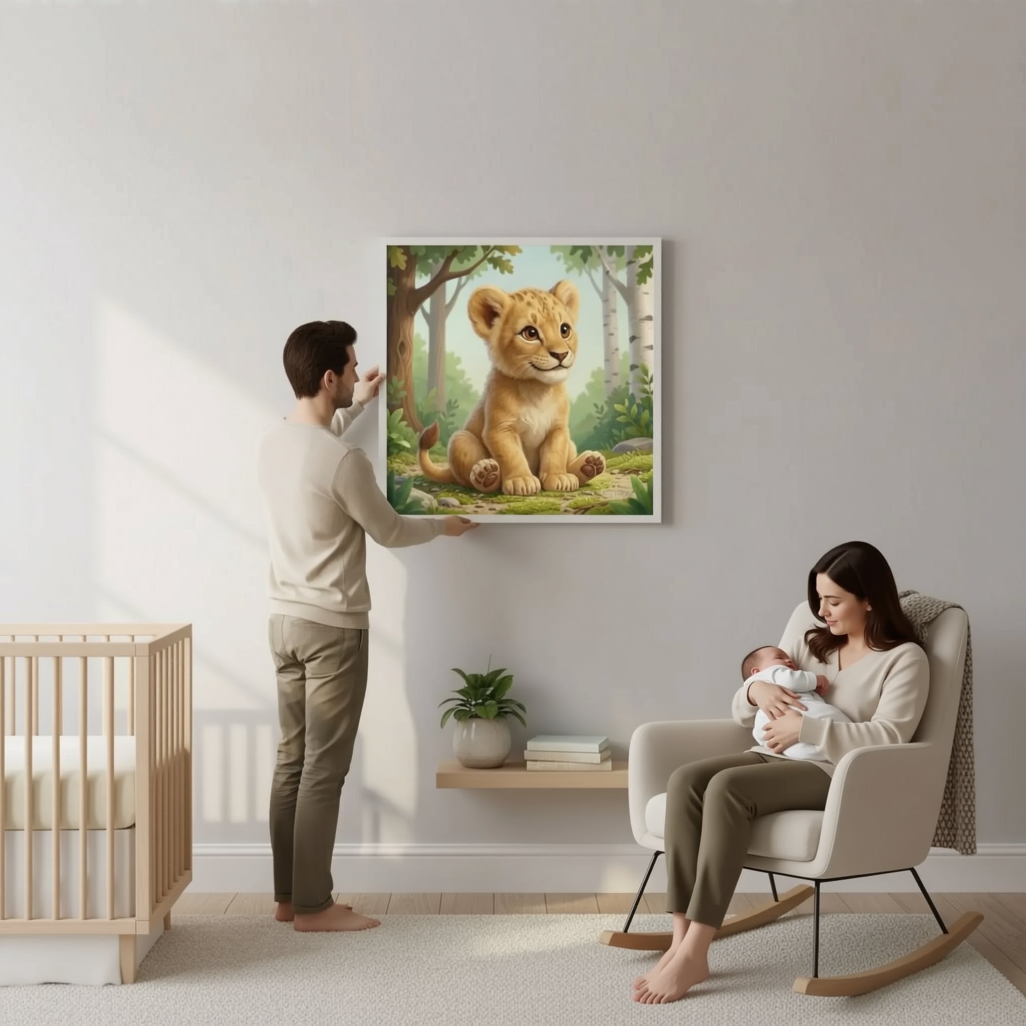 A man is hanging a large painting of a lion cub on a wall in a living room.