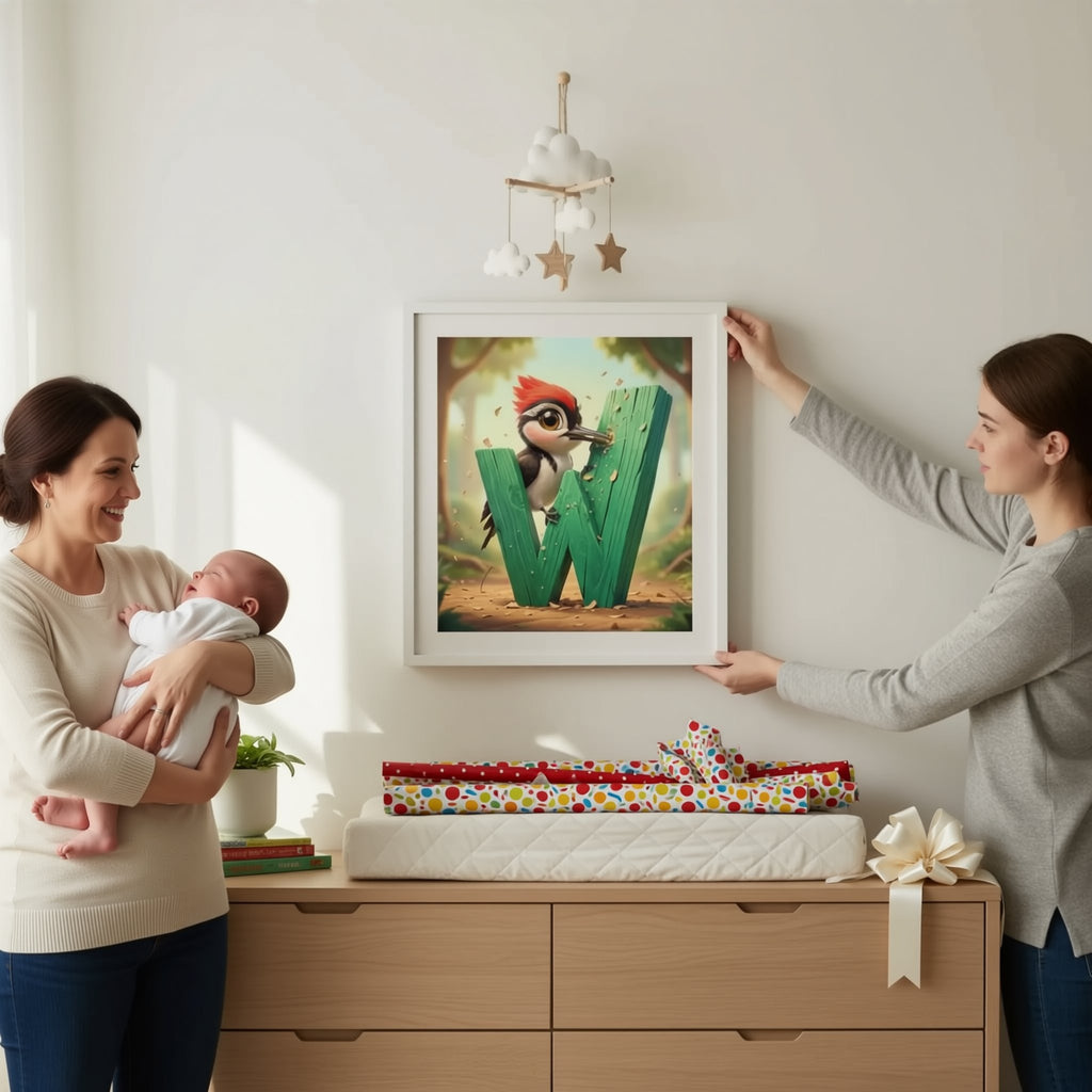 A woman is hanging a framed artwork featuring a cartoon character on a wall in a room with a wooden dresser and a potted plant.