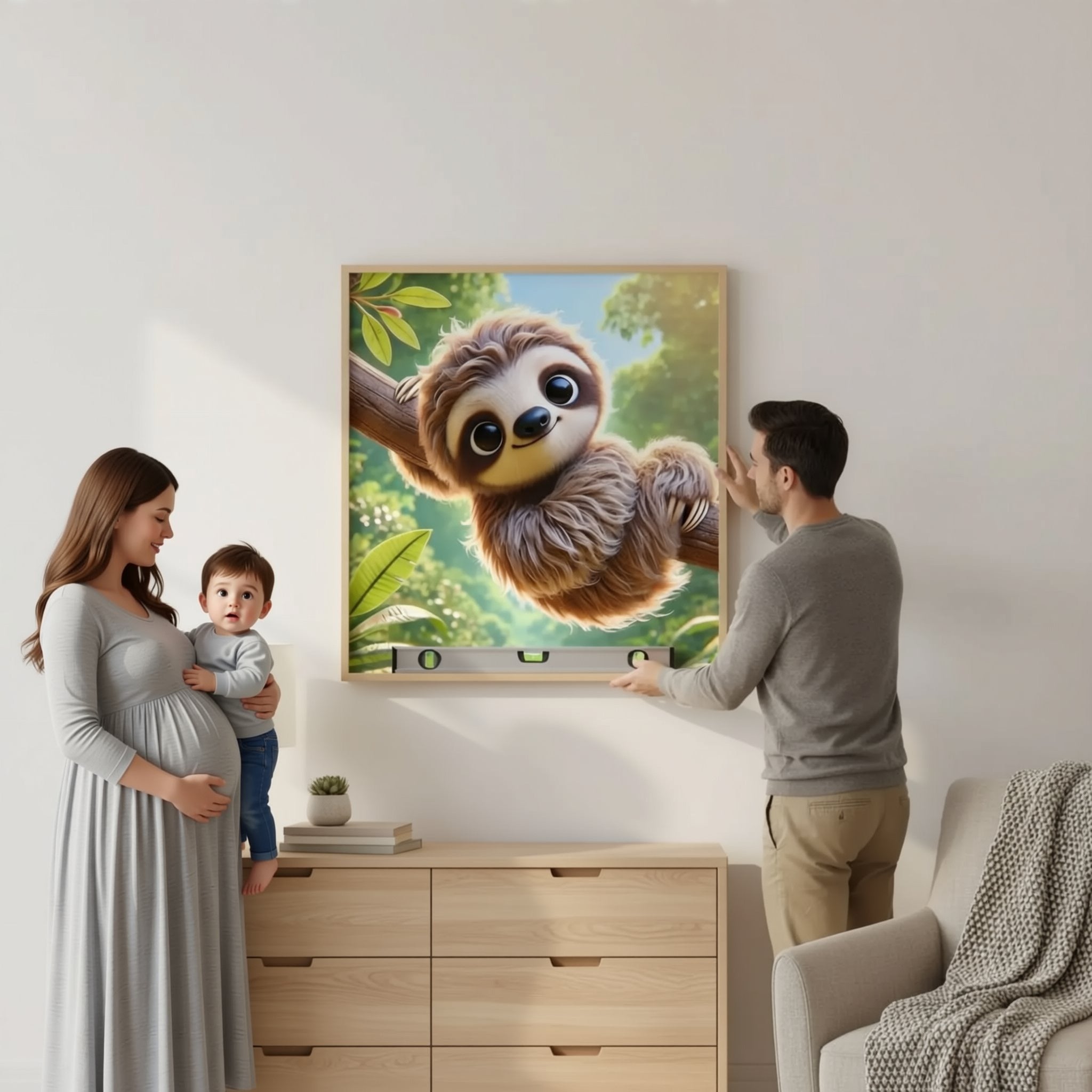 A man is hanging a large framed picture of a sloth on a wall in a living room.