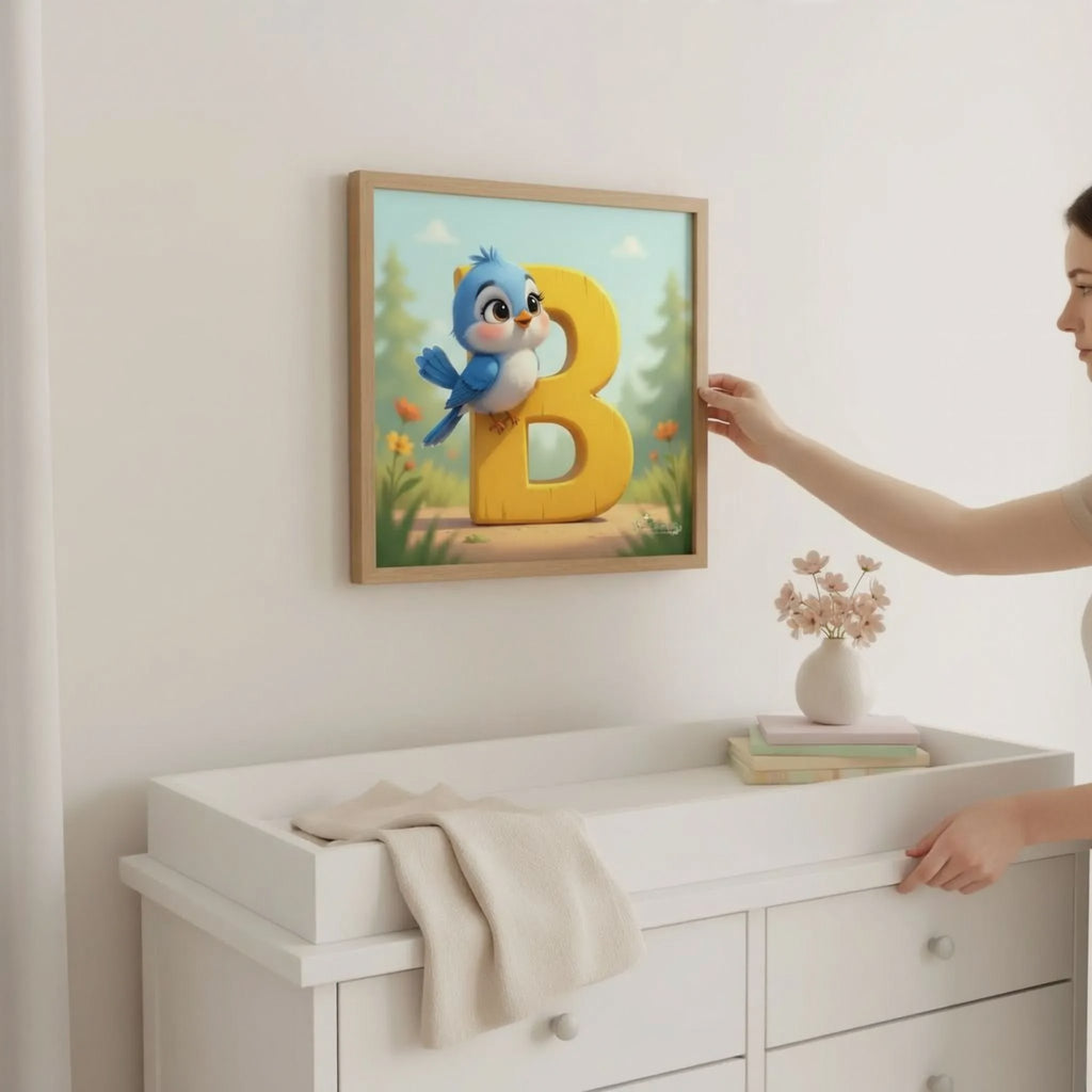 A person is standing next to a white dresser, holding up a framed picture of a blue bird with a yellow letter "B" on it.