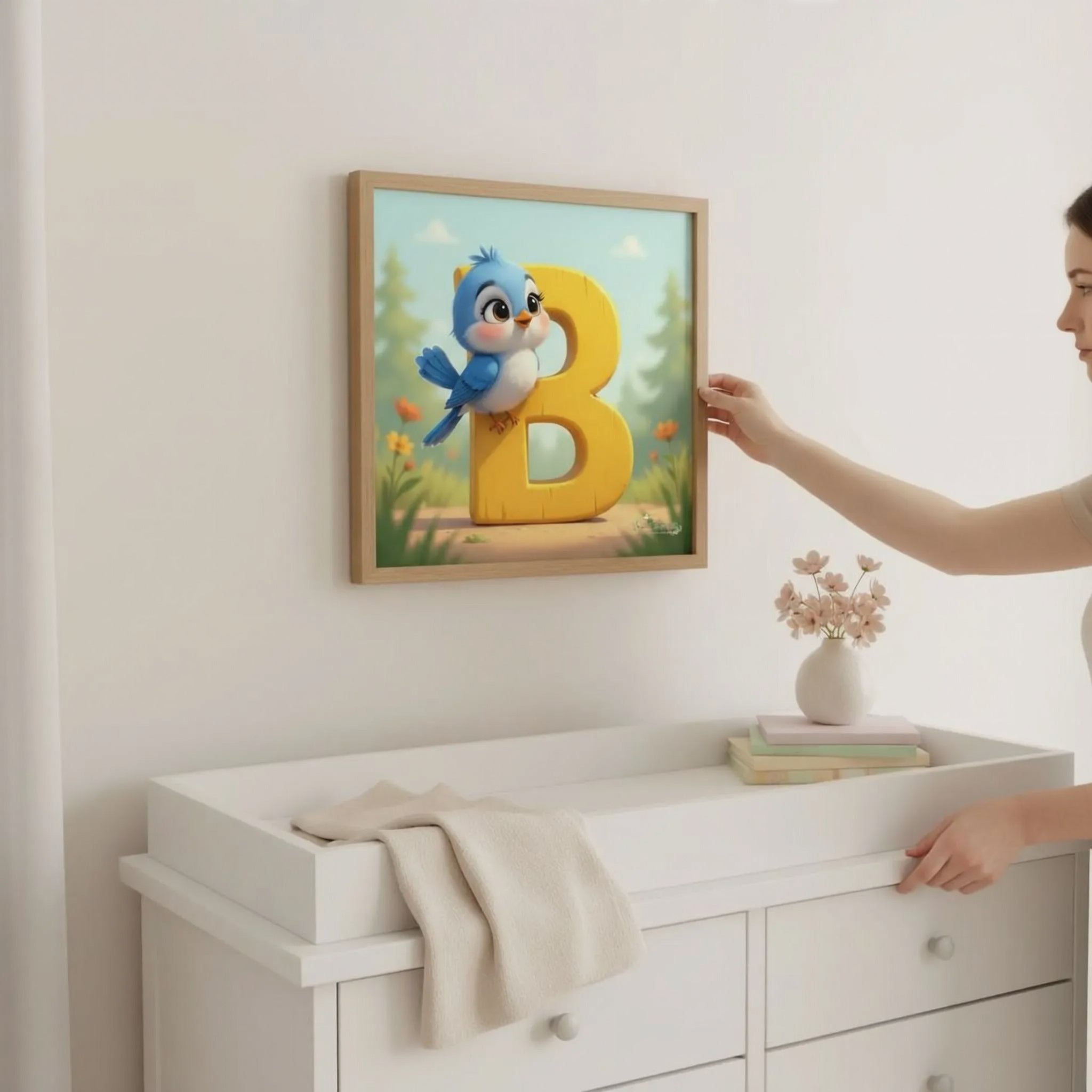 A person is standing next to a white dresser, holding up a framed picture of a blue bird with a yellow letter "B" on it.