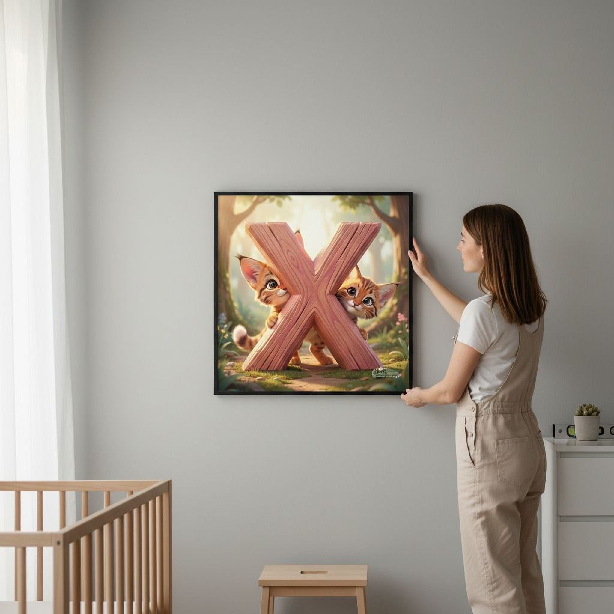 A woman is hanging a framed artwork featuring a cartoon image of two cats peeking out from behind a large letter 'X' on a wall.