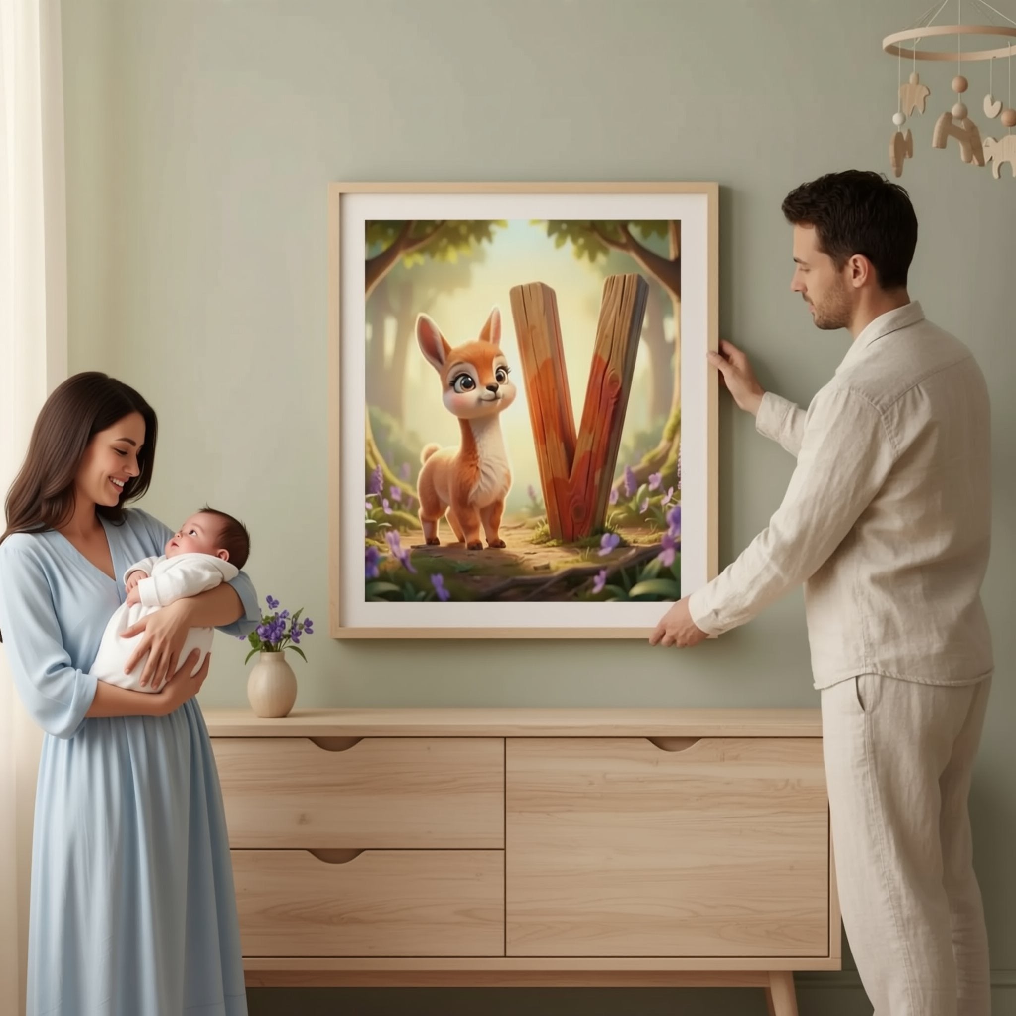 A man is hanging a framed artwork featuring a cartoon deer on a wall in a room with a wooden dresser and a small table with flowers.