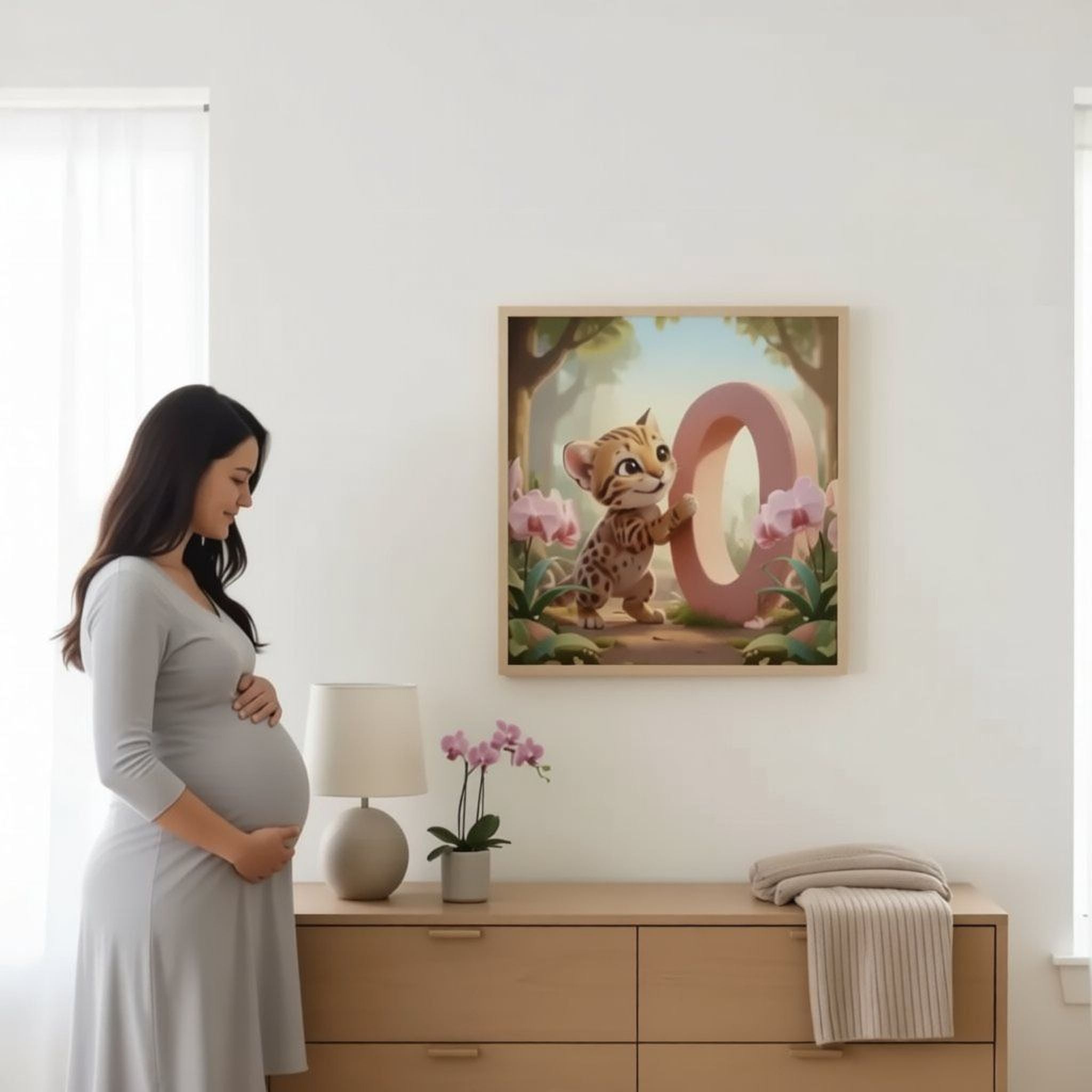 A pregnant woman stands in a room, looking at a framed illustration of a cartoon character on the wall.
