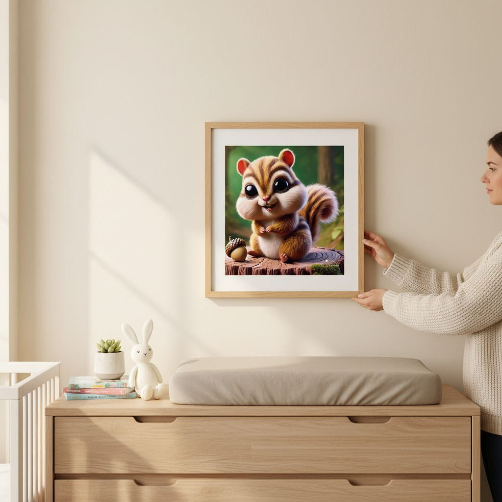 A framed illustration of a cartoon chipmunk is hanging on a wall in a room with a wooden dresser below it.