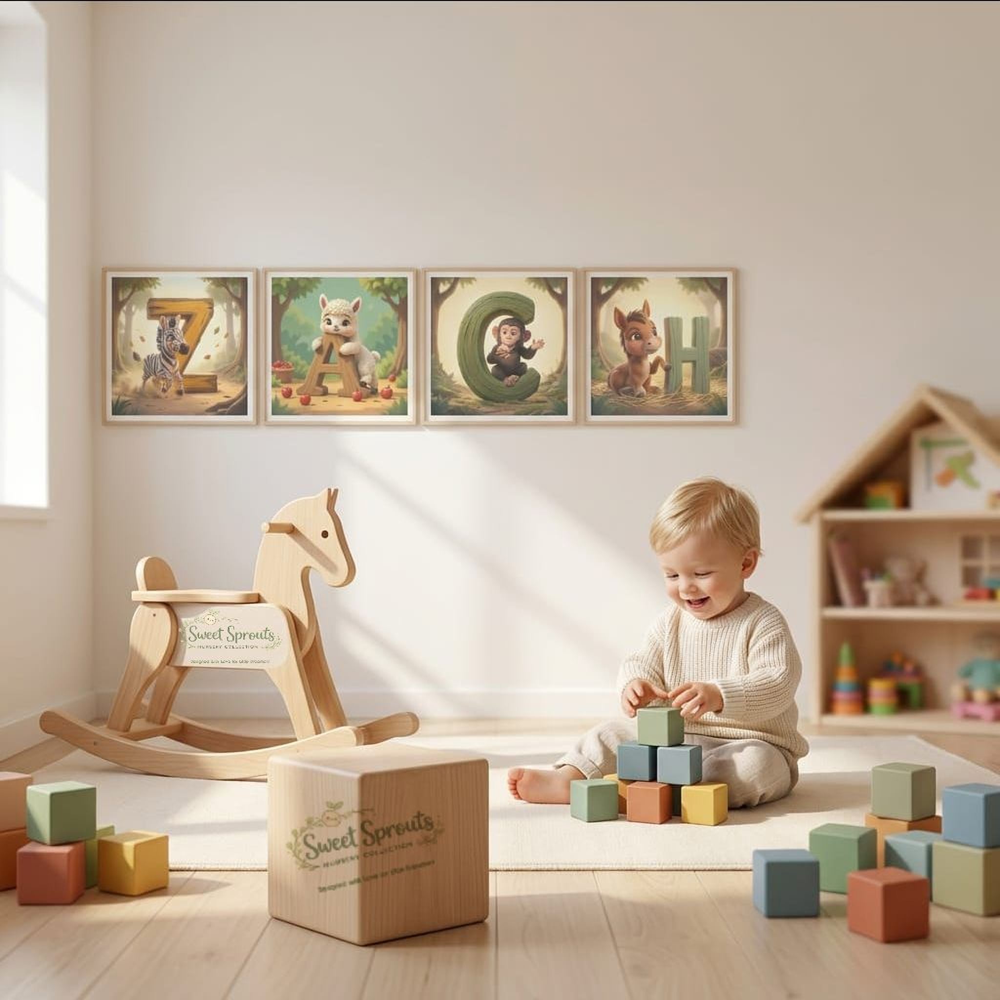 A young child is sitting on the floor and playing with blocks in a room with a rocking horse and framed animal illustrations on the wall.