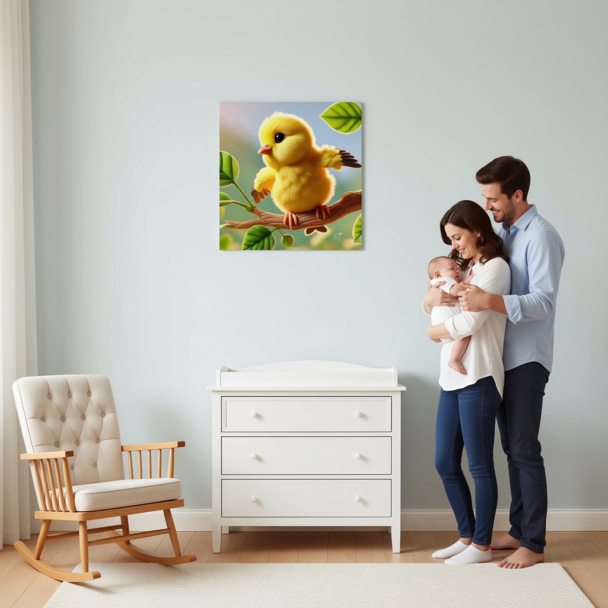A family of three, a man, a woman, and a baby, are standing in a room with a baby crib, a rocking chair, and a painting of a yellow bird on the wall.
