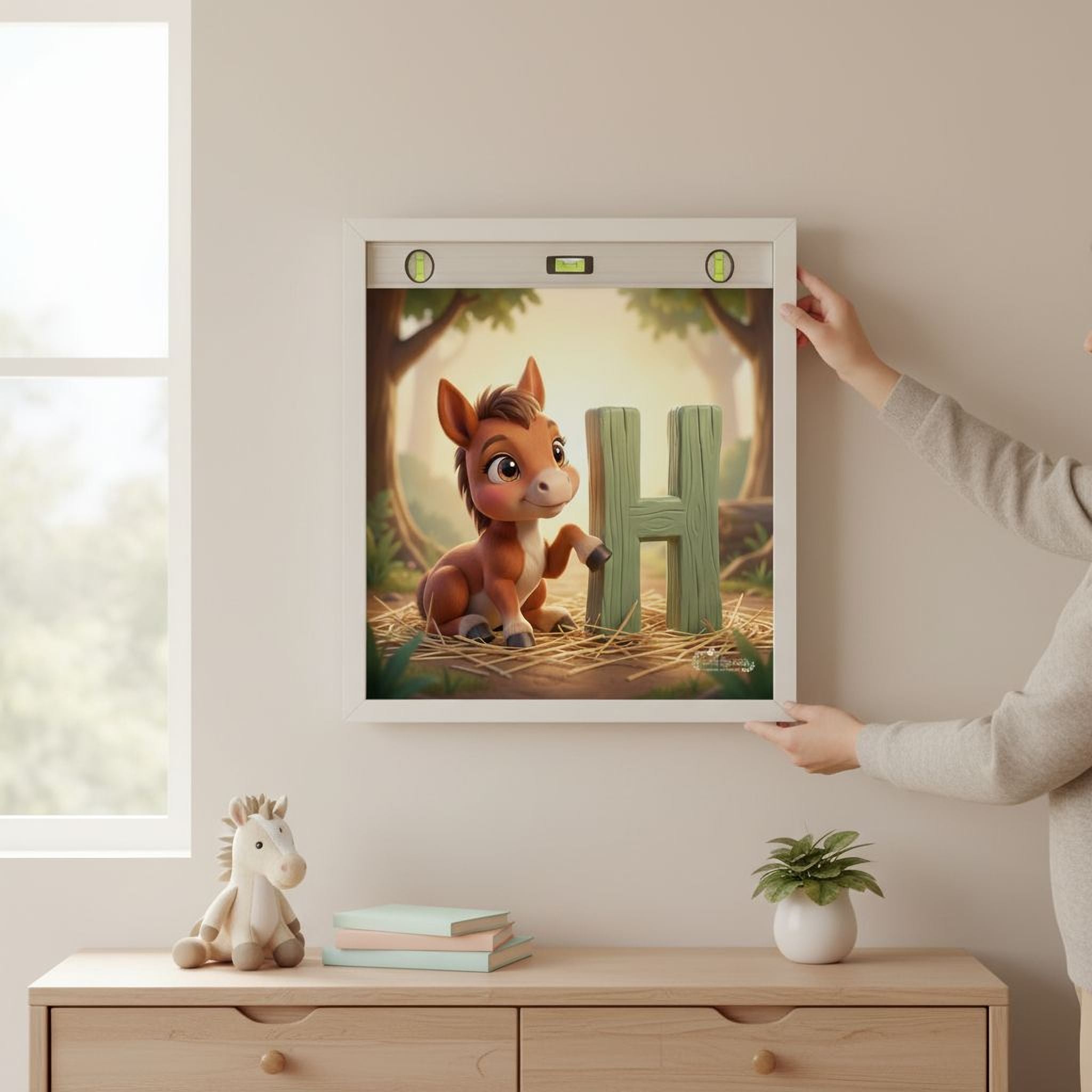 A person is holding up a framed poster of a cartoon horse with the letter "H" on it, which is displayed on a wall above a wooden dresser.