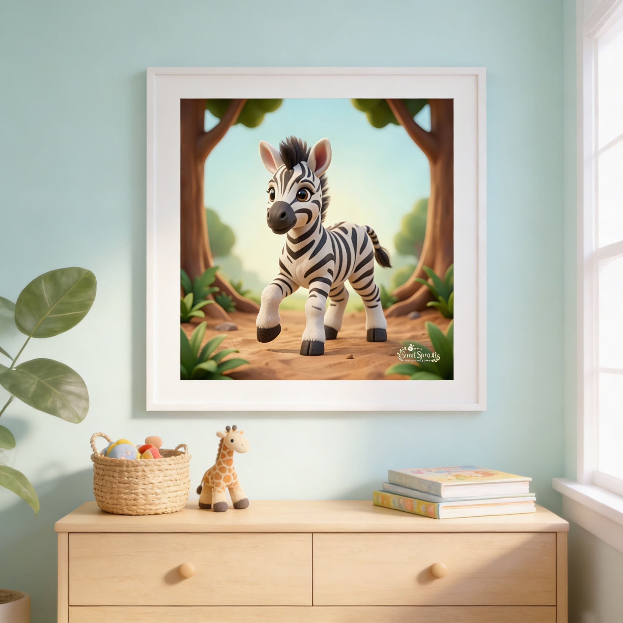 a framed illustration of a zebra standing in a jungle setting, surrounded by trees and greenery.