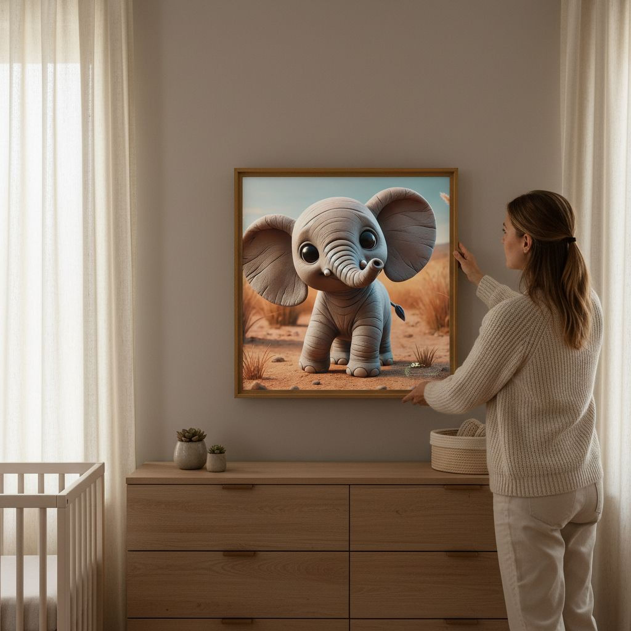 A woman is standing in front of a wooden dresser, looking at a framed painting of a baby elephant on the wall.