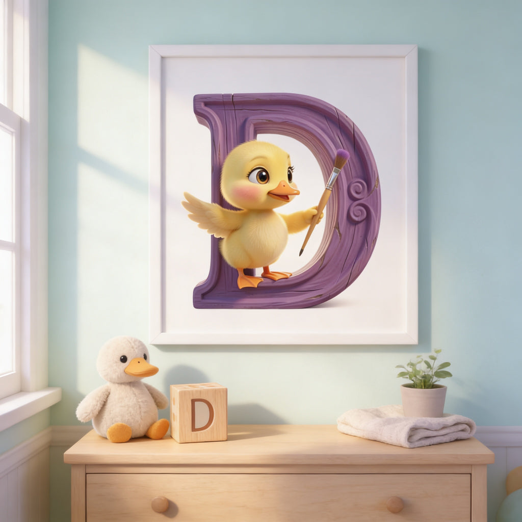 a wooden dresser with a framed cartoon image of a yellow duck holding a paintbrush, a wooden block with the letter "D", and a stuffed animal on top.
