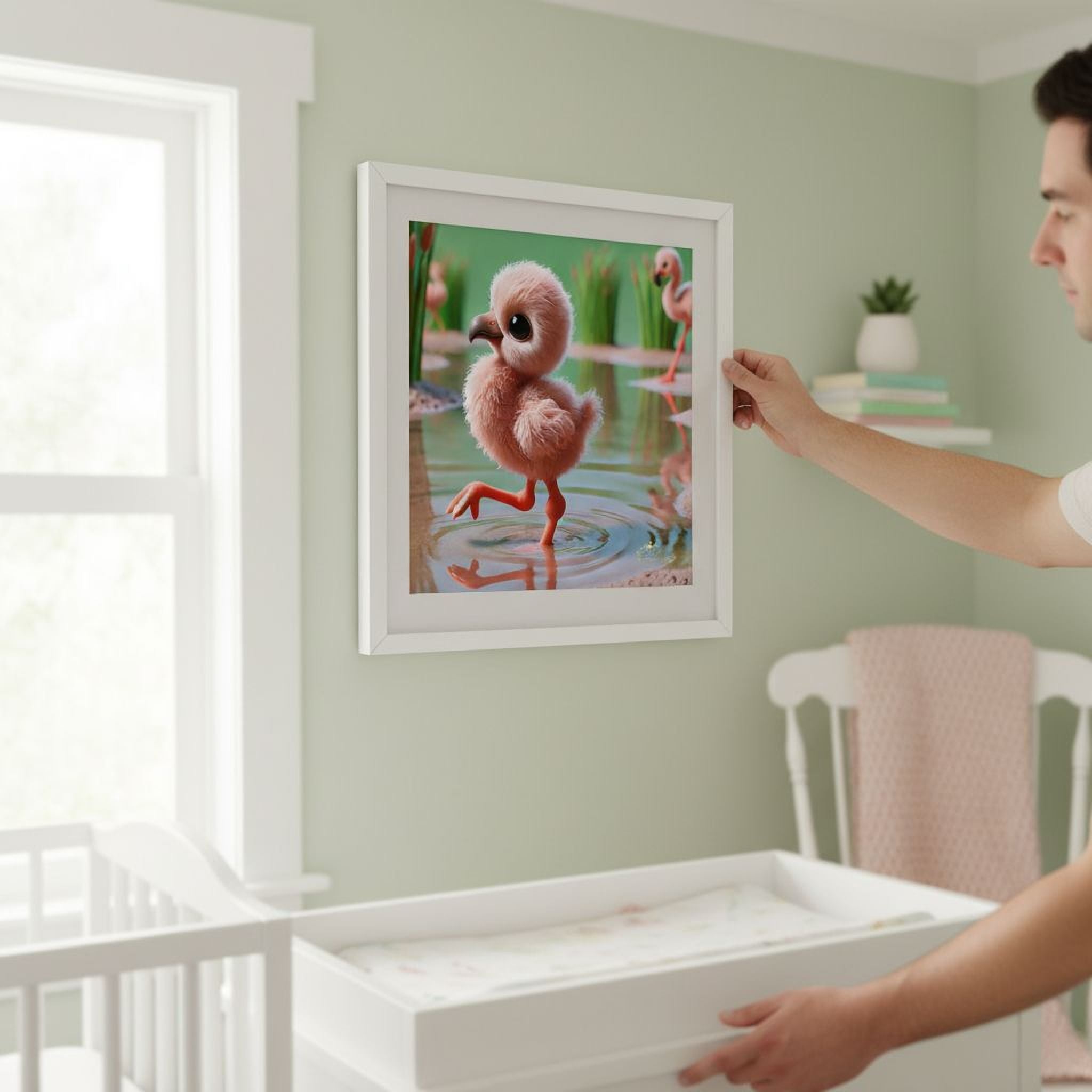 A framed image of a pink flamingo is hanging on a wall in a nursery, with a person's hand reaching towards it.